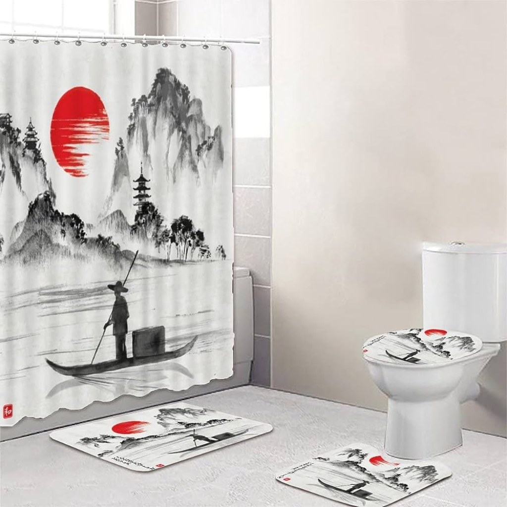 Picture of: QALEYA Japan Shower Curtain Waterproof Anti-Mould  x  cm Vintage  Watercolour Polyester Fabric Shower Curtains Bathroom Mat -Piece Set with